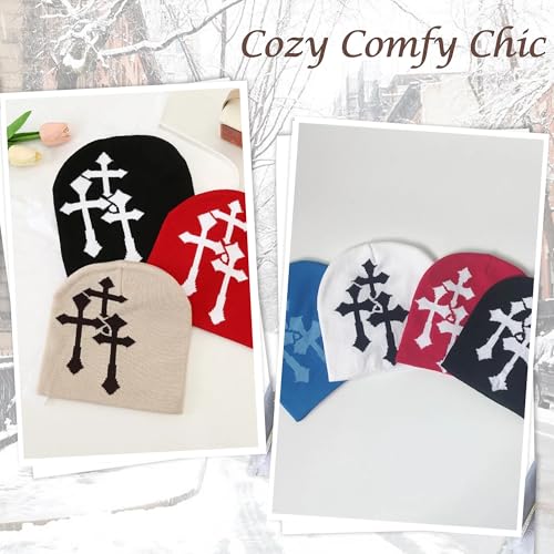 Fashion Knit Beanie with Cross Pattern Y2K Unisex Soft Jacquard Cap Popular Hip-Hop Cool Street Outdoor Sports Earflap Hat - color: Khaki
