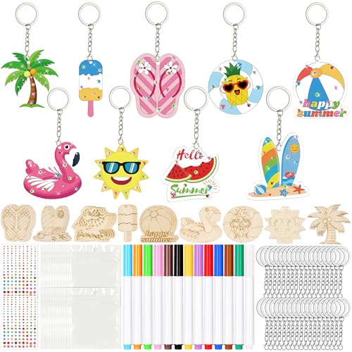 Bafeil 36 Pcs Summer Unfinished Wooden Crafts Kits Color Your Own Keychains - color: Summer Color Your Own Keychains