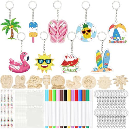 Bafeil 36 Pcs Summer Unfinished Wooden Crafts Kits Color Your Own Keychains - color: Summer Color Your Own Keychains