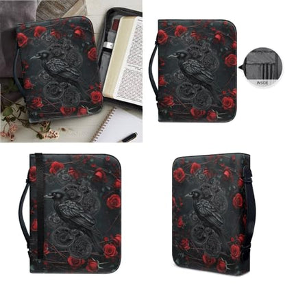 Faux Leather Bible Cover Church Bible Bag with Bookmarks Black Raven Red Rose Print Book Covers Carrying Bible Case with Zippered Pockets for Prayer Christian Study, L - color: Black Raven Red Rose, size: Large
