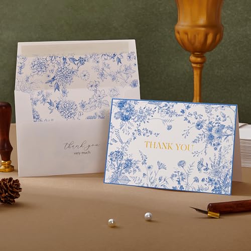 Crisky Vintage Blue Floral Gold Foil Thank You Cards with Envelopes - color: Blue Floral, size: 100 Pack