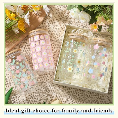 Mumufy 4 Pack Pastel Flower Glass Cup, 16 oz Tumbler Mug with Bamboo Lid - style: Pastel Flower