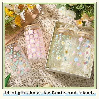 Mumufy 4 Pack Pastel Flower Glass Cup, 16 oz Tumbler Mug with Bamboo Lid - style: Pastel Flower