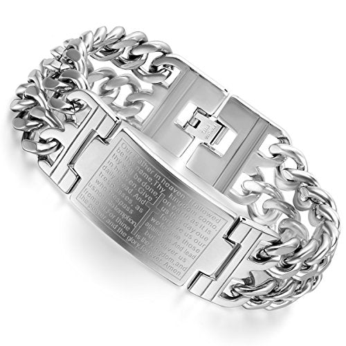 Flongo Men's Vintage Stainless Steel Black Cross English Bible Lords Prayer Link Wrist Bracelet For Men Christmas Gifts - color: silver, 9.1 inches
