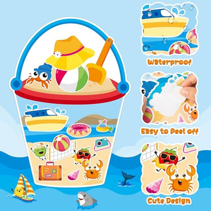 CY2SIDE Summer Bucket Scene Sticker - 12 Set Summer Beach Ocean Animal Sticker for School Rewards, Make Your Own Bucket with Sands Scene Activities Holiday Vacation Party Supplies - style: Summer bucket