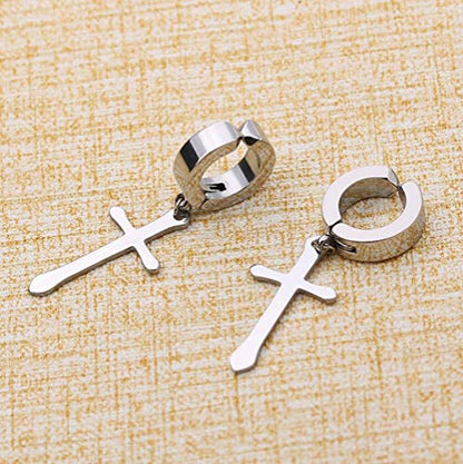 Non-pierced Earrings Set for Men Women Cross Titanium Steel Hoop Dangle Clip On Earring - style: Silver