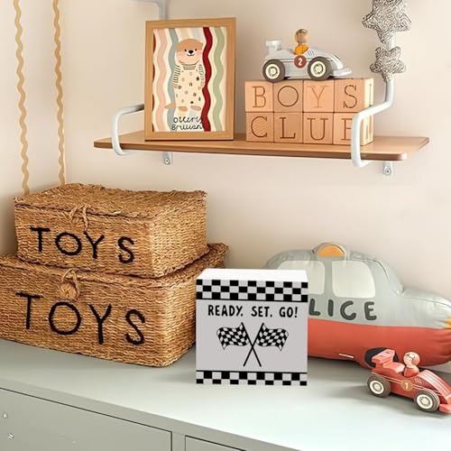 Lacama Race Car Boys Room Wooden Box Sign, Ready Set Go Race Car Decorations Wood Block Signs, Black and White Checkered Wood Sign for Boys Room Playroom Desk Shelf Wall Decor 5x5 Inches - color: Ready Set Go