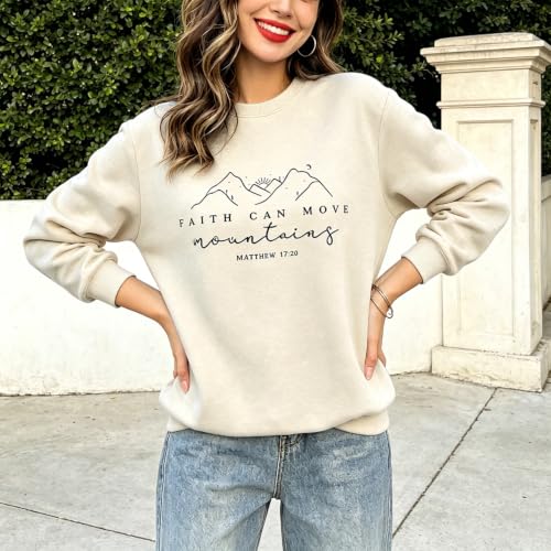 Christian Sweatshirt for Women Faith Can Move Mountains Graphic Shirts - color: Beige, size: XX-Large