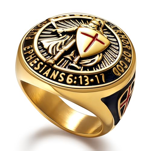 Christian Ring Knights Templar Put On The Whole Armor Of God Ephesians 6:13-17 Red Cross Design Men's Religious Catholic Ring,Biker Punk Cocktail Party 316L Stainless Steel Rings For Men Gift - color: B-Gold