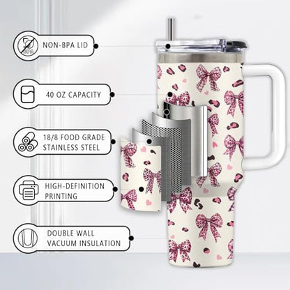 Bow Knot 40oz Tumbler, with Handle & Straw, Stainless Steel Cup - color: Bow Knot