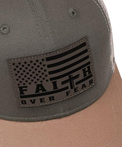Faith Over Fear Christian Hats for Men Women, American Flag Trucker Hat, Religious Gifts for Thanksgiving Christmas - color: Grey Green