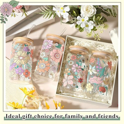 Mumufy 4 Pack Bohemian Flower Glass Cup, 16 oz Tumbler Mug with Bamboo Lid - style: Bohemian Flower