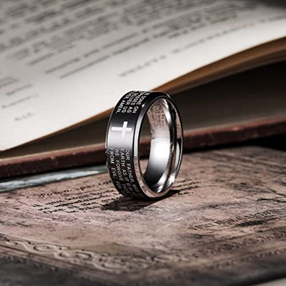 King Will Stainless Steel Men Ring Lord's Prayer Cross Ring Stainless Steel Men Wedding Ring, Wedding Band Bible Engraved Rings High Polished, Comfort Fit - color: black polish