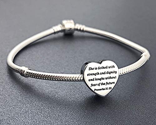 Heart Charm Fit Pandora Charms Bracelet Christian Bible Verse Charm Prayer Faith Religious Charms Gifts for Women - style: She is dothed with strength and dignity and laughs without fear of the future Proverbs 31:25