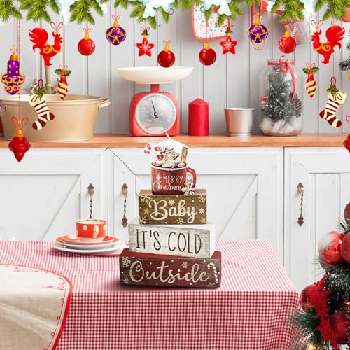 Moucuny 4 Pcs Christmas Table Decorations Indoor, Hot Cocoa Wood Block Sign - style: Cocoa
