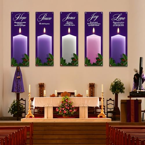 5Pcs 2x6 Ft Religious Church Banner with Scripture Christian Candles Banner for Sanctuary Wall Hope Peace Joy Love Jesus Prayer Flag Welcome Religious Praise Hanging Signs Decor for Holiday Church - size: 2x6Ft