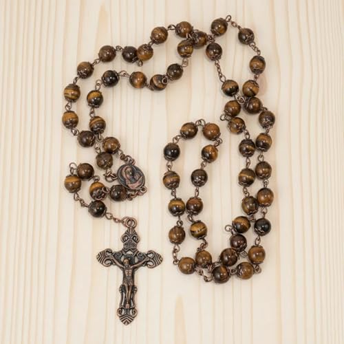 Nazareth Store Natural Stone Beads 8mm Rosary Necklace Antique Copper Design Holy Soil Medal & Cross in Velvet Bag - Catholic Rosaries Terra Santa Jerusalem Collection - color: Tiger Eye