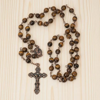 Nazareth Store Natural Stone Beads 8mm Rosary Necklace Antique Copper Design Holy Soil Medal & Cross in Velvet Bag - Catholic Rosaries Terra Santa Jerusalem Collection - color: Tiger Eye