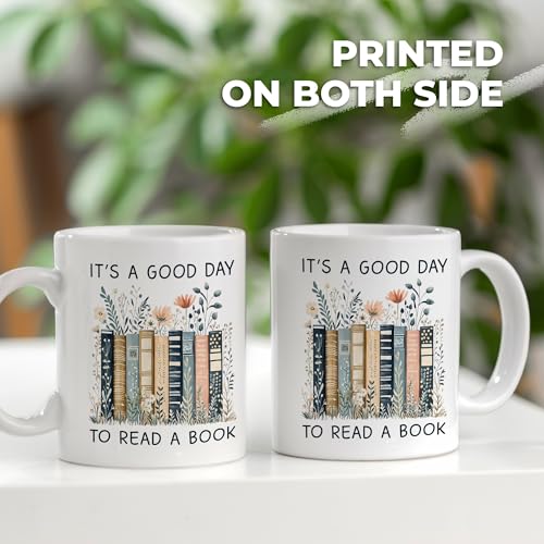Gifts for Books Lovers Women - It’s A Good Day To Read A Book Mug, Book Lover Mugs, Books Coffee Cup with Stacked Novel Design, Bookworm Mugs for Readers - color: Book