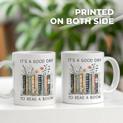 Gifts for Books Lovers Women - It’s A Good Day To Read A Book Mug, Book Lover Mugs, Books Coffee Cup with Stacked Novel Design, Bookworm Mugs for Readers - color: Book