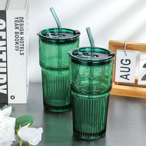Joeyan Green Glass Tumbler with Lid and Straw,Embossed Iced Coffee Cups with Whale Pattern,Colored Striped Drinking Jars,Water Juice Beverages Soda Glasses,18.5 oz,Set of 2,Dishwasher Safe - color: Green-3