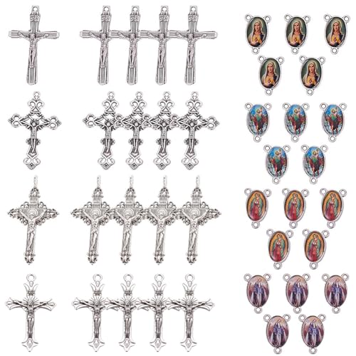 SUNNYCLUE Easter Holiday Tibetan Style Rosary Cross and Center Our Lady Miraculous Medal Enamel Cross Pendants Vintage Charm Oval Chandelier Links for Rosary Beads Necklace Bracelet Making Supplies - color: Mixed Material Cross Charms and Linking Connecto