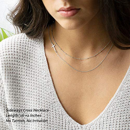 M MOOHAM Cross Necklace for Women Girls, Dainty 14K Gold Plated Cross Pendant Necklace Sideways Cross Choker Layered Necklaces for Women Girls - color: Sideways Cross Silver