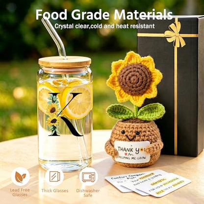 2 in 1 Personalized Glass Drinking Cup and Sunflower Doll for Gift Women Men Teacher Appreciation Female Preschool Middle High School Kindergarten Pre K Prek First Year 1st 2nd 3rd 4th 5th Grade B - style: Initial-B
