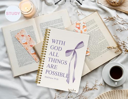 PurpleBible Journal for Women, A5 Spiral Christian Notebook & Study Supplies, Cute Hardcover Coquette Bow Diary with Scripture Matthew 19:26 for Church Notes, Prayer & Teen Girls.5.5 x 8.3 Inch - color: (Purple) Matthew 19:26
