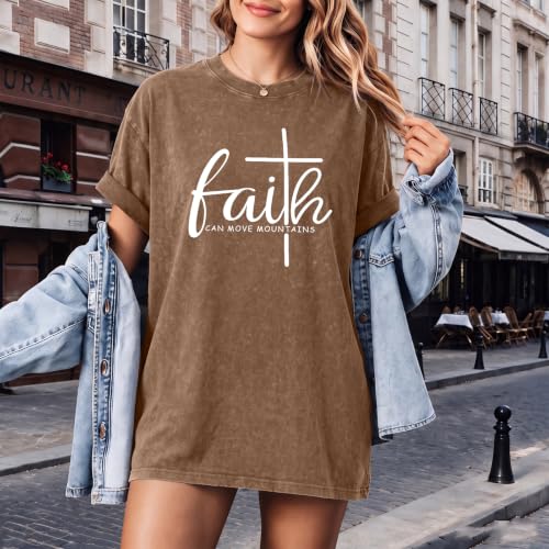 Christian Shirts for Women Faith Can Move Mountains Acid Wash Graphic Shirt Jesus Religious Bible Verse Tee Tops - color: Coffee, size: XX-Large