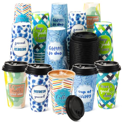 50 Pack 16 oz Disposable Coffee Cups with Lids Blue Colorful - style: Blue and Colorful Inspirational Quotes