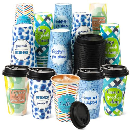 50 Pack 16 oz Disposable Coffee Cups with Lids Blue Colorful - style: Blue and Colorful Inspirational Quotes
