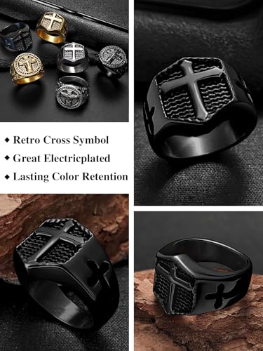 Christian Cross Rings for Men - Stainless Steel Jesus Jewelry with Celtic Knot Sides (Gold/Black/Silver) - Catholic Religious Gift, Size 7-13 - color: B-Black-Cross