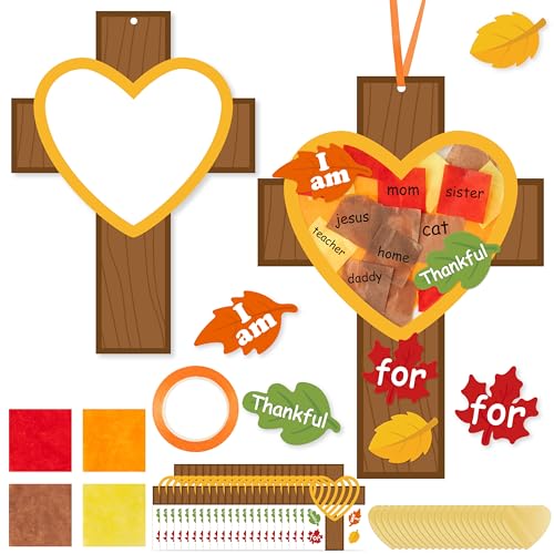WATINC Fall Cross Suncatchers Craft - DIY Religious Thanksgiving Thankful Tissue Paper Hanging Ornament Kit, Make Your Own Creative Christian Crosses Decor Fun Activities for School Classroom (36Pcs)