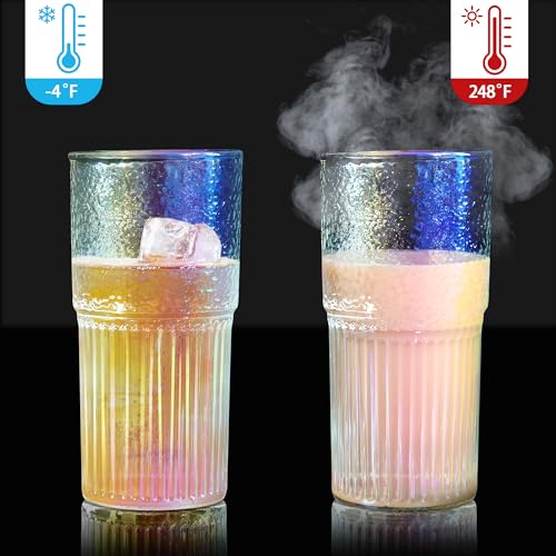 Joeyan 22oz Iridescent Glass Tumbler with Straw and Lid,Ribbed Glasses Cups - color: Iridescent glass tumbler