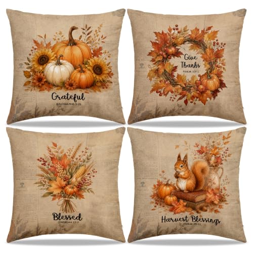 Dibor Christian Fall Leaves Pumpkin Throw Pillow Covers 18x18 Set of 4 - color: Fall1