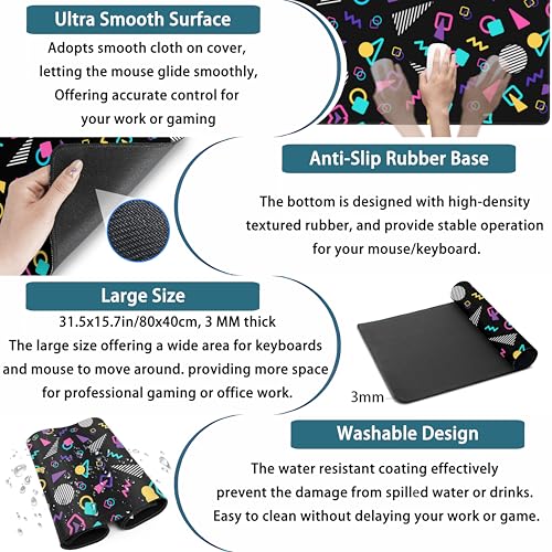 Retro 80s Desk Mat, Cute 90s XXL Large Gaming Mouse Pad, Black Boho Desk Pad with Stitched Edges, Computer Laptop Keyboard and Mouse Mat, Aesthetic Office Decor Non-Slip Mosuepad, 31.5x15.75 in - color: Black Boho