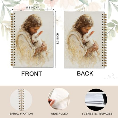 Jesus and Lamb Christian Spiral Notebook, He Left The 99 to Find Me Bile Prayer Journal for Women Men, Jesus Leaves The 99 Sheep Notebook Journal for School Office Supplies, 5.5 x 8.3 Inch - color: 18Child