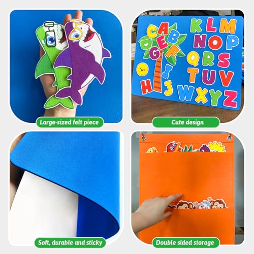 5 Set Felt Board Stories Pieces for Toddlers，1 Flannel Board With 5 Little Ducks,5 Little Monkeys Jumping on The Bed,5 Green Speckled Frogs,Baby Shark,26 letters for Preschool Learning Activities