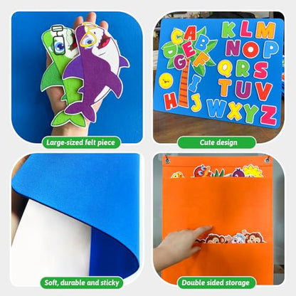 5 Set Felt Board Stories Pieces for Toddlers，1 Flannel Board With 5 Little Ducks,5 Little Monkeys Jumping on The Bed,5 Green Speckled Frogs,Baby Shark,26 letters for Preschool Learning Activities