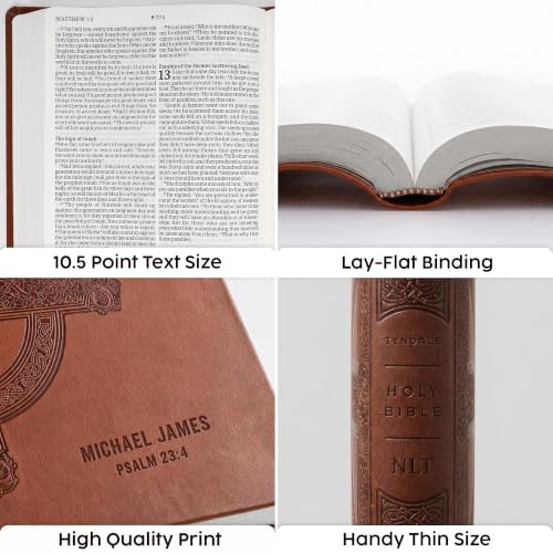 Printualist Personalized NLT Thinline Bible, Custom Engraved Name and Scripture Reference, New Living Translation Text, Celtic Cross Faux Leather Christian Gift for Daily Use, Brown Celtic Cross - color: Brown
