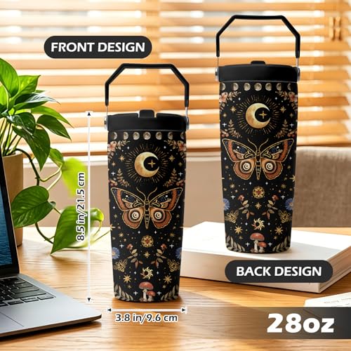 Hiboss Witchy Gifts for Women, Goth Butterfly Tumbler with Handle and Flip Straw 28oz, Insulated Stainless Steel Gothic Moth Moon Floral Travel Coffee Cup Mug - color: Butterfly - 02