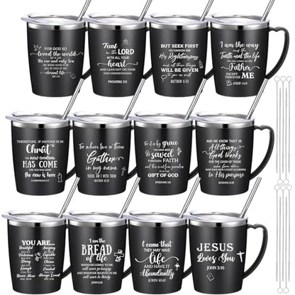 12 Pcs Christian Coffee Mugs with Lid and Straw Bible Verse Father's Day Religious Gifts Tumbler 12 oz Stainless Steel Insulated Inspirational Tumbler for Church Women Men(Black) - color: Black
