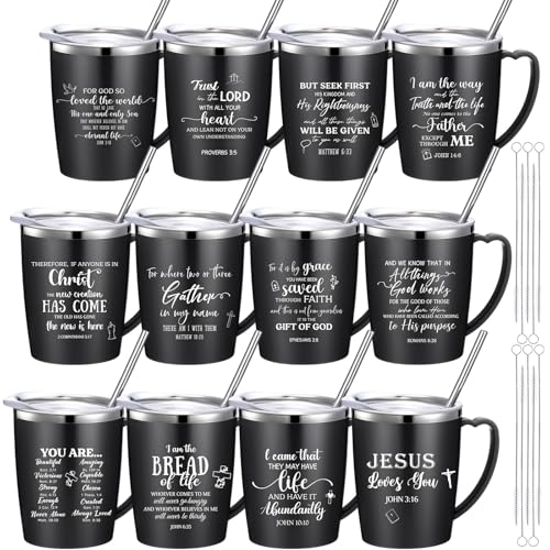 12 Pcs Christian Coffee Mugs with Lid and Straw Bible Verse Father's Day Religious Gifts Tumbler 12 oz Stainless Steel Insulated Inspirational Tumbler for Church Women Men(Black) - color: Black