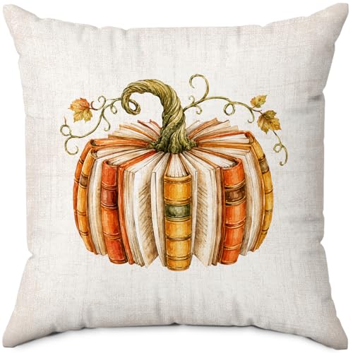 Rustic Fall Book Pumpkin Reading Room Throw Pillow Covers 18x18 - color: Book