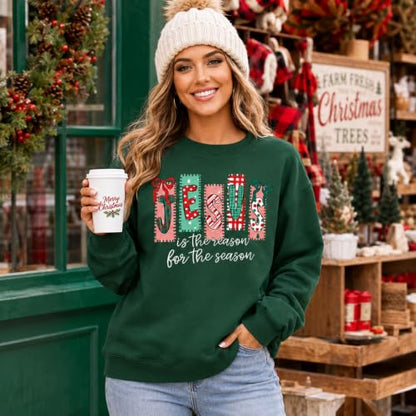 Women's Christian Christmas Sweatshirt Jesus Graphic Crewneck Holiday Top - color: Greena, size: X-Large