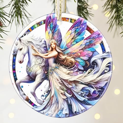 Unicorn and Fairy Christmas Ornament - 3.5 Inch Ceramic Hanging Decoration for Christmas Tree, Gift Exchange or Holiday Presents - color: Unicorn and Fairy