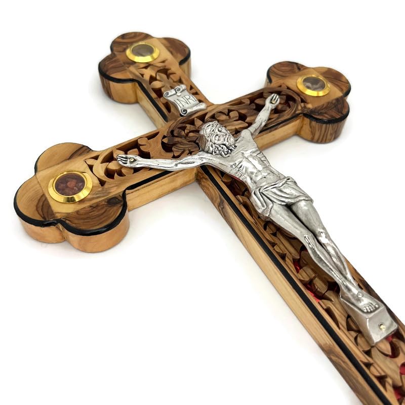 iHoly Land Crafts Mother of Pearl Olive Wood Crucifix Wall Cross, 15" x 10" - size: 15"L x 10"W