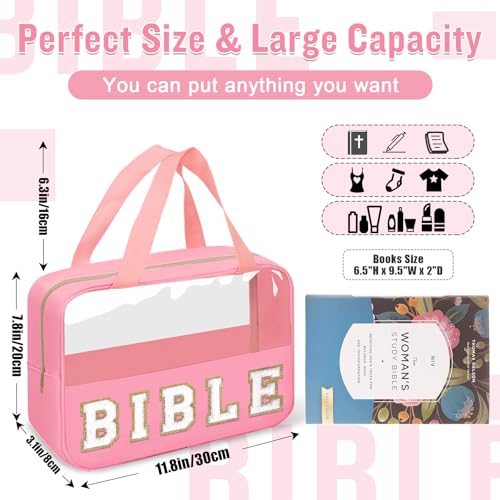 Chenille Letter Bible Bag Cover Case for Women,Preppy Bible Study Supplies Church Bag Purse Bible Accessories with Handle Zipper,Waterpoof Travel Makeup Bag Christmas Christian Gifts(BIBLE-Pink) - color: BIBLE-Pink