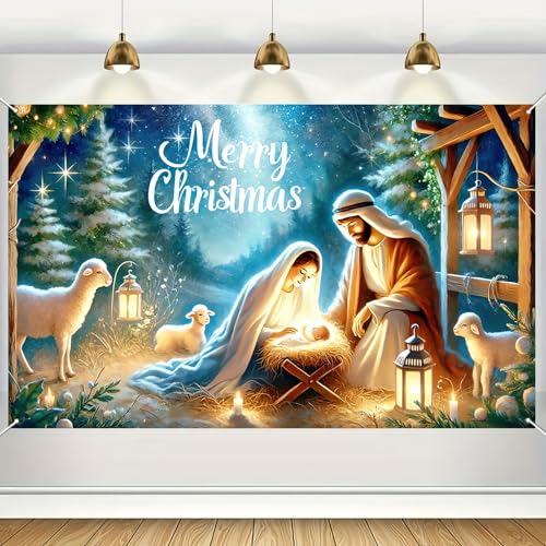 BlissYard Nativity Scene Banner 71x43 Inches Merry Christmas Manger Scene Banner Religious Christian Backdrop for Church Indoor Outdoor Christmas Backdrop Nativity Background Holiday Decoration